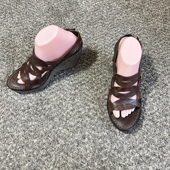 BORN Brown Leather Wedge Sandals Genesis Strappy Open Toe Slingback Size 10 - Picture 4 of 11